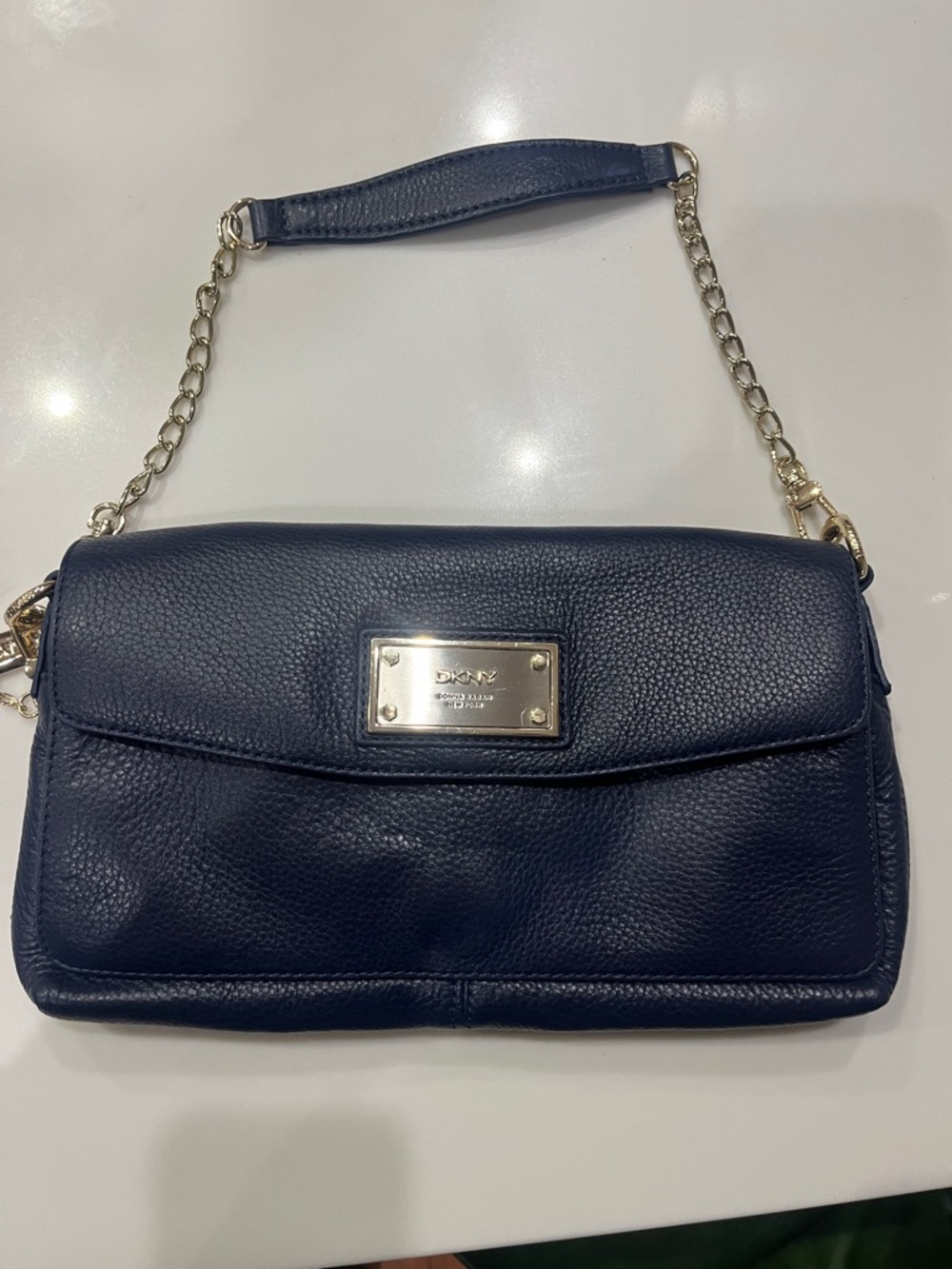 DKNY Navy Pebbled Leather Shoulder Bag with Gold Plaque and Chain Strap
